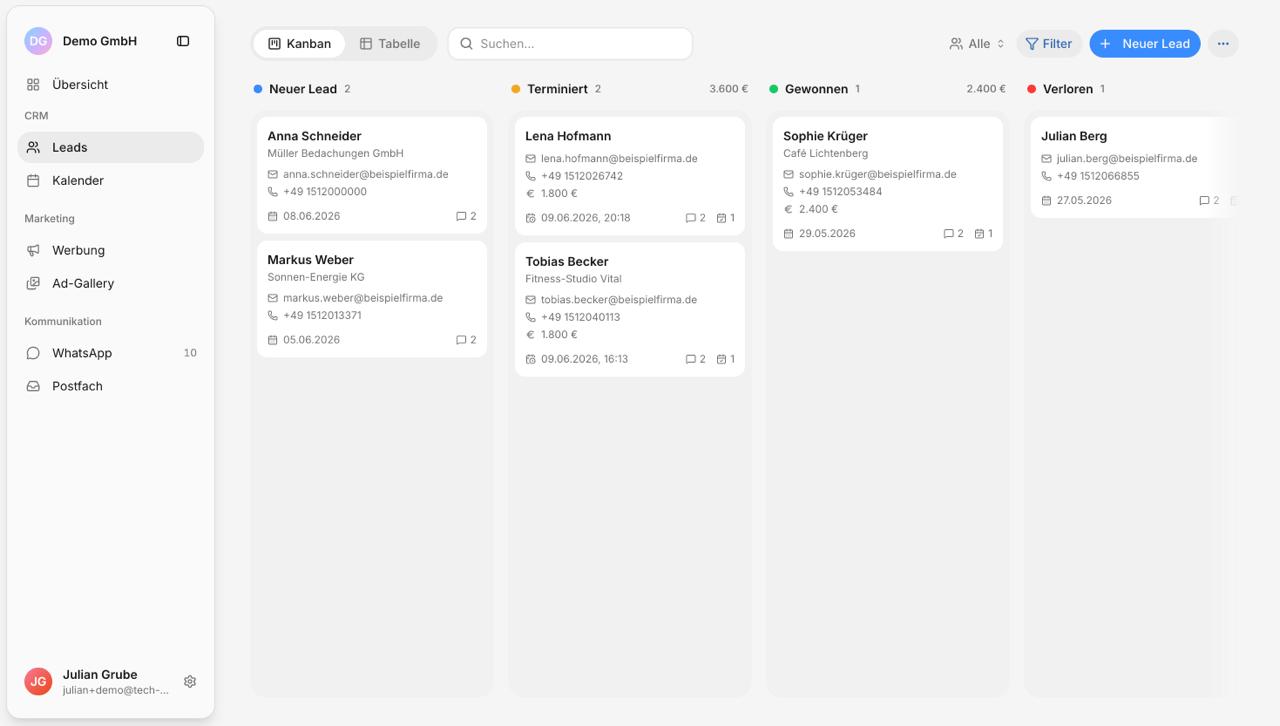 CRM mit Kanban-Board in der TechVantage-App