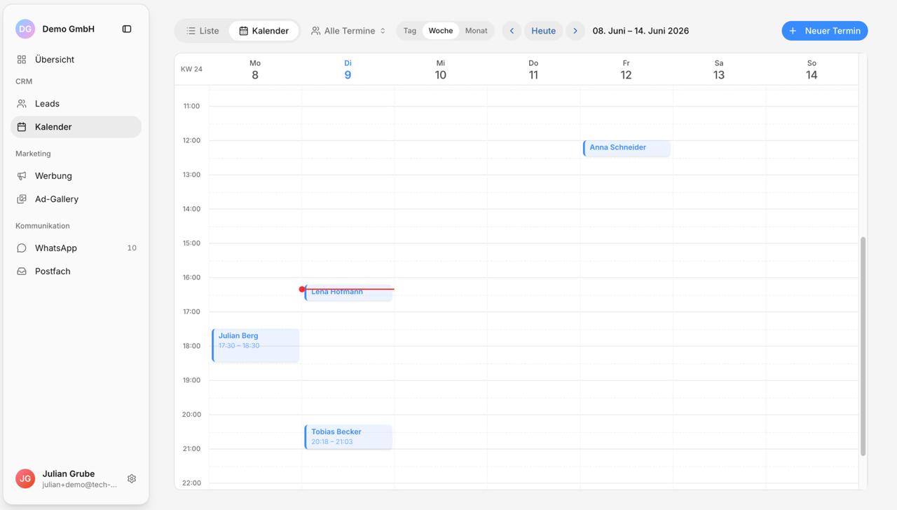 Wochen-Kalender mit Terminen in der TechVantage-App